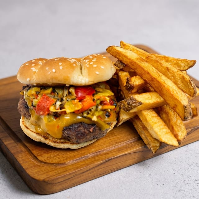 6 oz Grilled Onion Mushroom Swiss Burger.